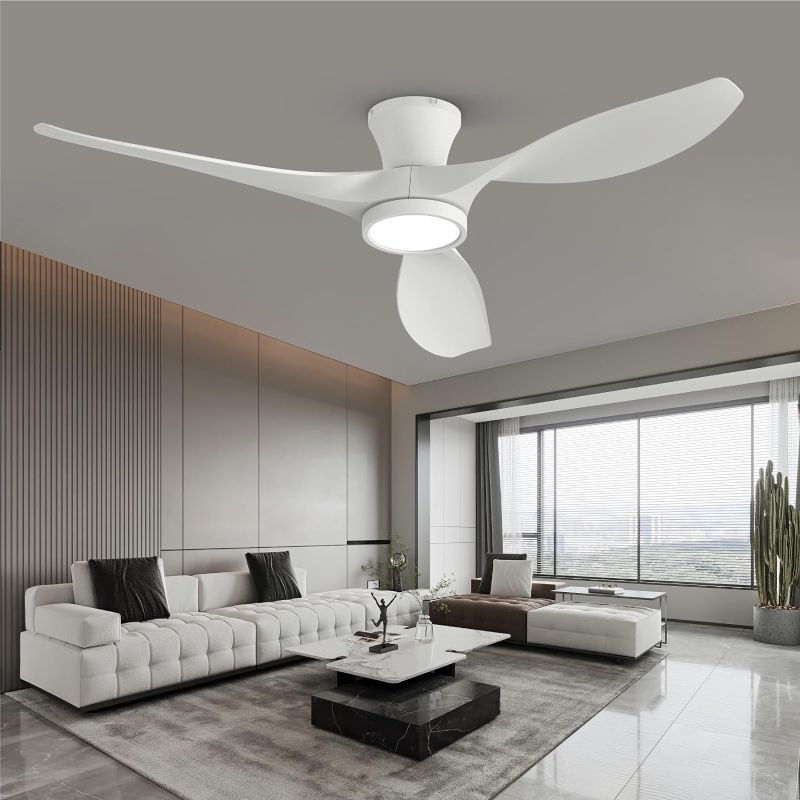 Photo 1 of 52 inch Ceiling Fans with Lights Remote Control, Modern Low Profile Ceiling Fan with Quiet Reversible DC Motor for Bedroom Living Room and Patio White
