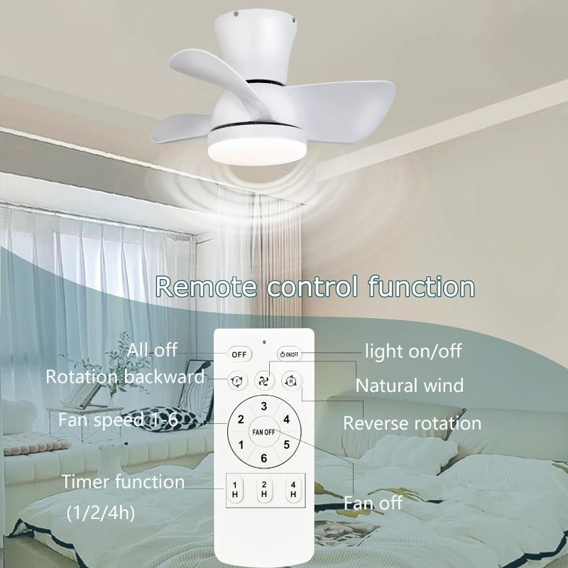 Photo 3 of 20 Inch Low Profile Ceiling Fans with LED Lights and Remote Control, 3 Colours Light Small Modern White Ceiling Fan, Reversible Flush Mount Ceiling Fan for Bedroom Patio Outdoor