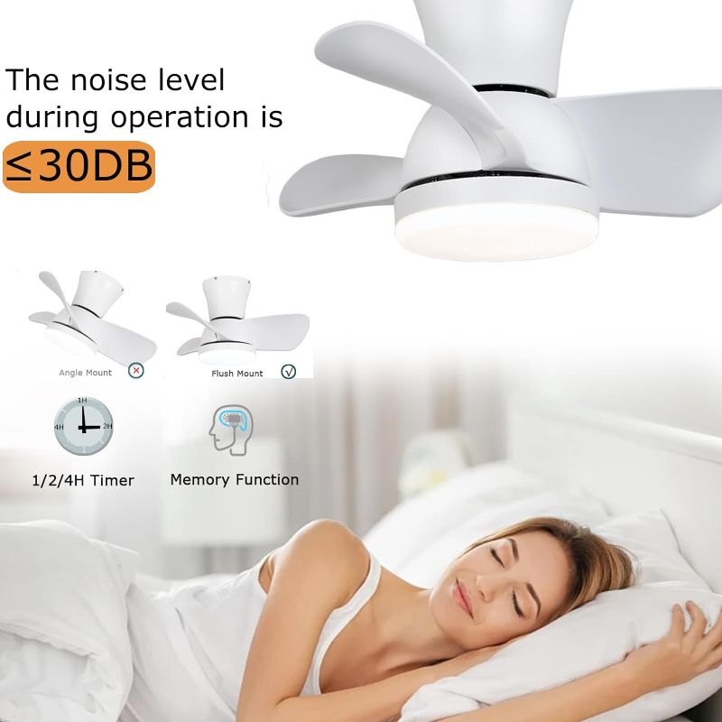 Photo 5 of 20 Inch Low Profile Ceiling Fans with LED Lights and Remote Control, 3 Colours Light Small Modern White Ceiling Fan, Reversible Flush Mount Ceiling Fan for Bedroom Patio Outdoor