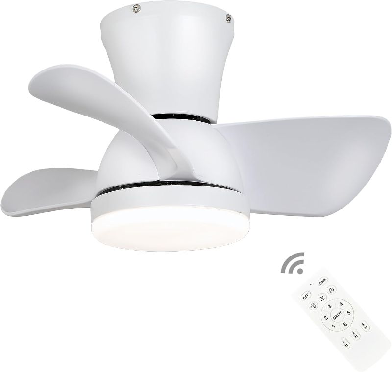 Photo 1 of 20 Inch Low Profile Ceiling Fans with LED Lights and Remote Control, 3 Colours Light Small Modern White Ceiling Fan, Reversible Flush Mount Ceiling Fan for Bedroom Patio Outdoor