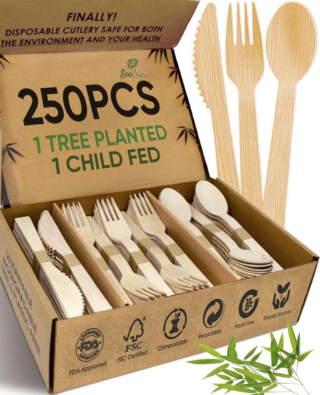 Photo 1 of 100% Compostable Bamboo Cutlery Set (200 PCS) Eco-Friendly, Natural, Biodegradable Disposable Utensils Set | Bamboo Disposable Forks, Knives, and Spoons Set
