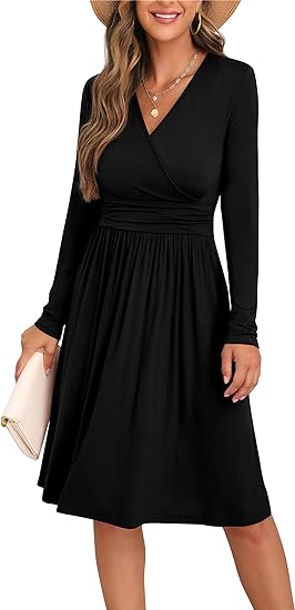 Photo 1 of (XL) GRECERELLE Spring Summer Dress for Women Casual Ruffle Short/Long Sleeve Wrap V-Neck Dress with Pockets
size XL
