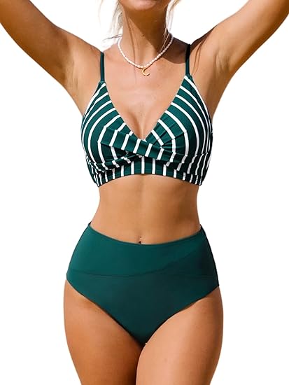 Photo 1 of Size L - CUPSHE Women's Bikini Sets Two Piece Swimsuit High Waisted V Neck Twist Front Adjustable Spaghetti Straps Bathing Suit
