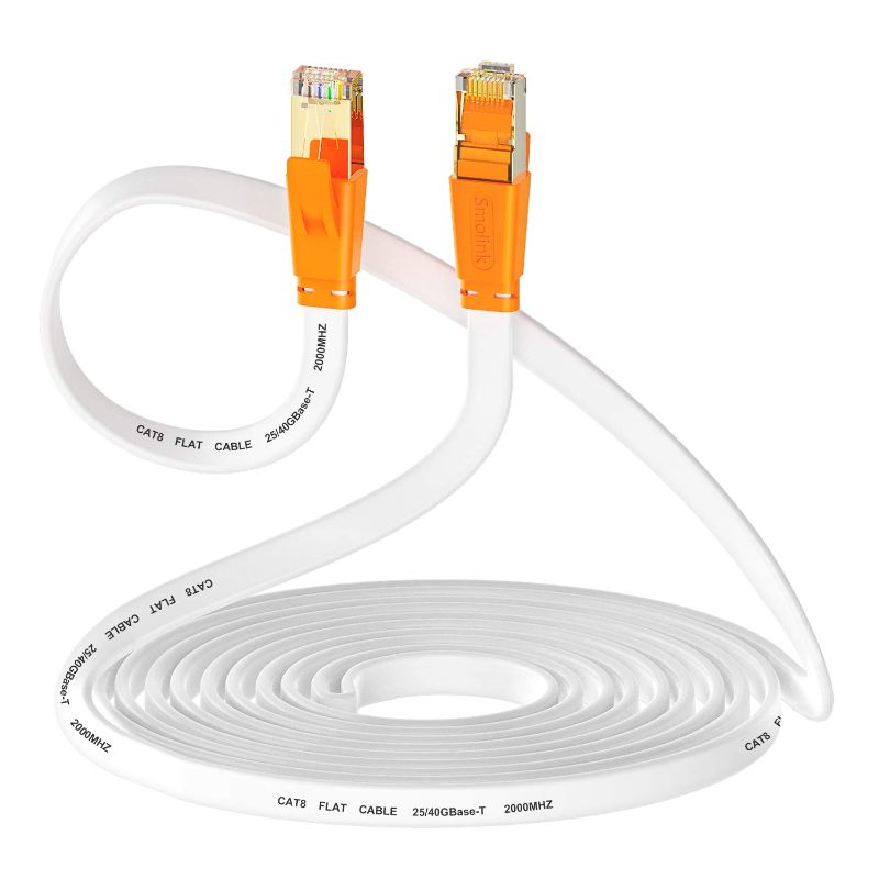 Photo 1 of Smolink Cat 8 Ethernet Cable 15 ft, Cat8 Flat Internet Cable, RJ45 High Speed Gaming Patch Cord, White Network LAN Cable, 40Gbps, 2000Mhz, Weatherproof for Xbox, POE, PS4, Switch, Modem, Router
