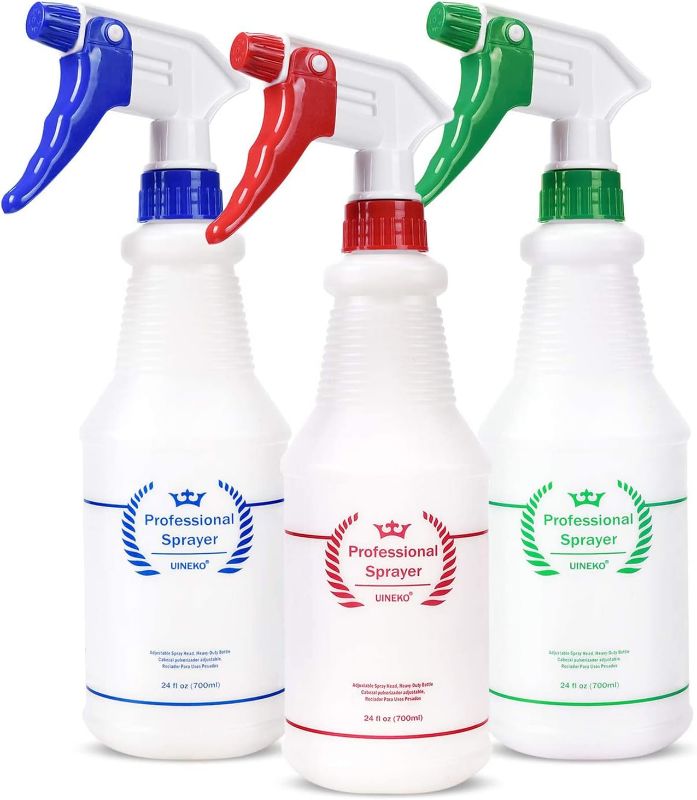 Photo 1 of Plastic Spray Bottle (3 Pack, 24 Oz, 3 Colors) Heavy Duty All-Purpose Empty Spraying Bottles Leak Proof Commercial Mist Water Bottle for Cleaning Solutions Plants Pet with Adjustable Nozzle
