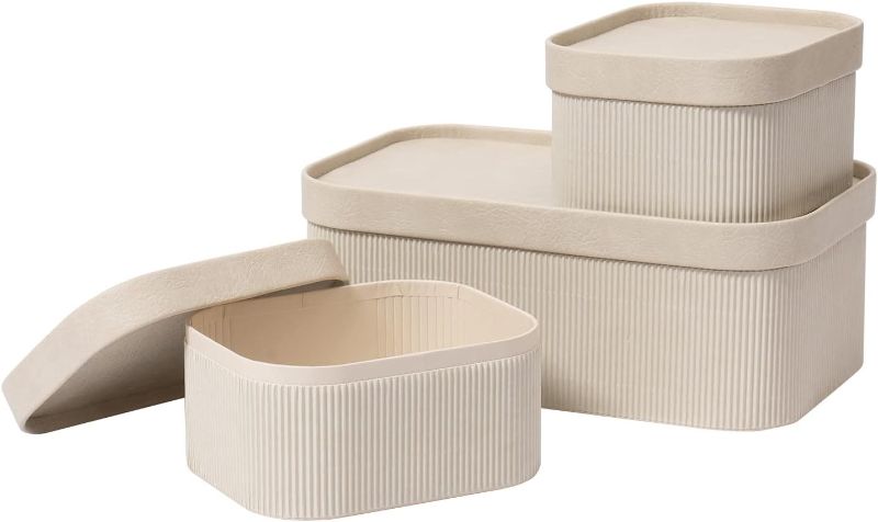 Photo 1 of LA JOLIE MUSE Storage Basket Set of 3 with Leather Lids Fluted Cardboard - Light Grey
