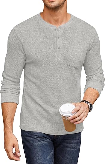 Photo 1 of (M) COOFANDY Men's Henley Shirts Long Sleeve Basic Waffle Pique Pullover T-Shirt with Pocket --- XL