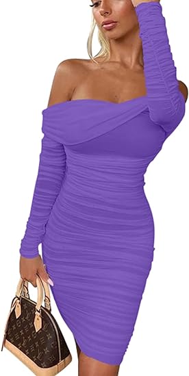 Photo 1 of (M) GOKATOSAU Women's Sexy Elegant Ruffle Long Sleeve Off Shoulder Ruched Party Mini Dress
