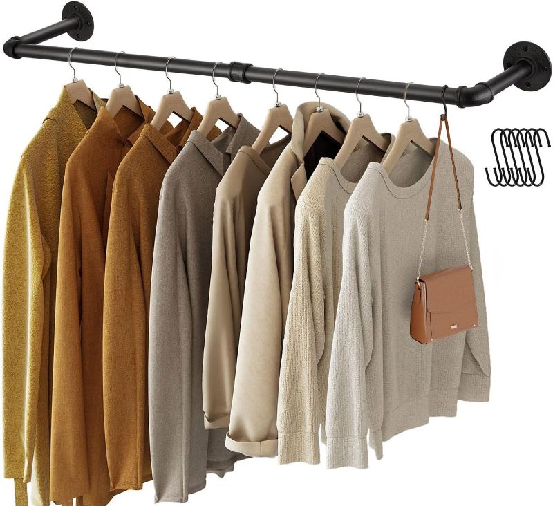 Photo 1 of Greenstell Clothes Rack, 36.2 Inch Industrial Pipe Wall Mounted Garment Rack, Space-Saving Hanging Clothes Rack, Heavy Duty Detachable Garment Bar, Multi-Purpose Hanging Rod for Closet 2 Base (1 Pack)

