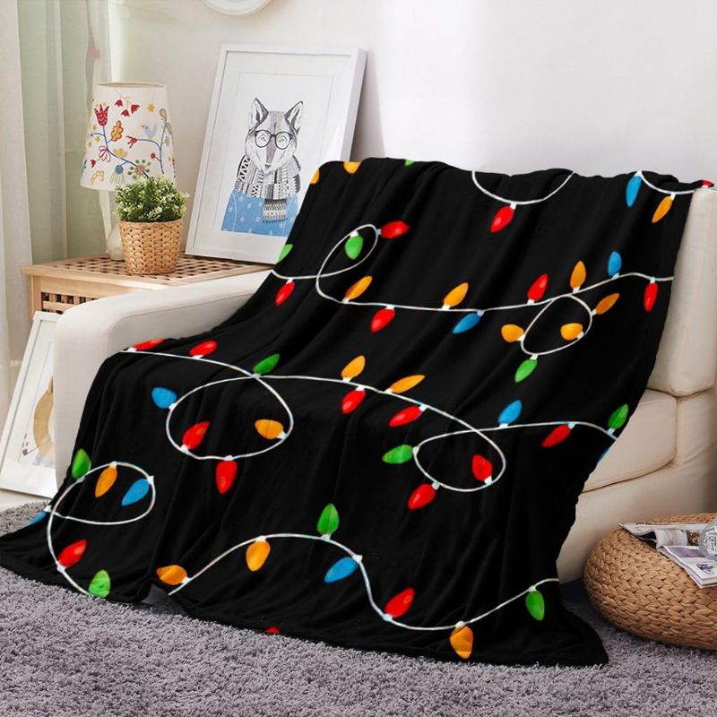 Photo 1 of Christmas Lights Vintage Flannel Throw Blanket Holiday Intertwined String Colorful Lights Warm Lightweight Cozy Blanket for Bedroom Living Rooms Sofa Couch 40x50 Inch
