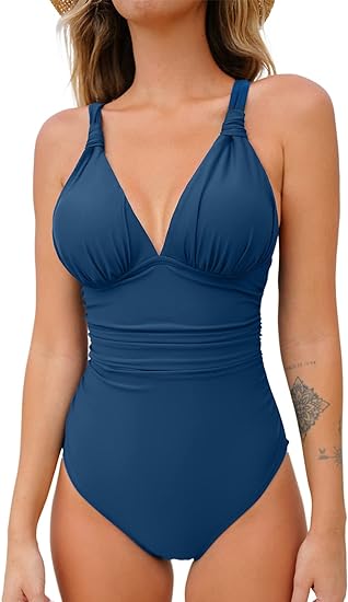 Photo 1 of ( L) CUPSHE Women One Piece Swimsuit Deep V Neck Tummy Control Ruched V Back Classic Bathing Suits- size large
