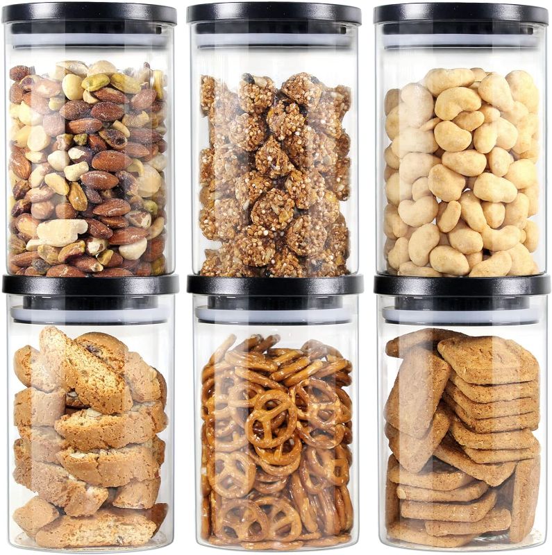 Photo 1 of Glass Jars with Black lids, Glass Food Storage Containers with Stackable Lids, Glass Food Jars and Canisters Sets, Glass Pantry Jars with Airtight Lids, Glass Storage Jars (3 Pack of 26oz
