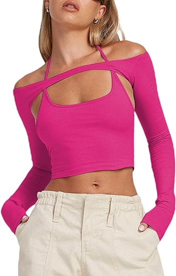 Photo 1 of (XL) Remidoo Women's Sexy Off The Shoulder Cut Out Halter Long Sleeve Crop Top T Shirt- size XL
