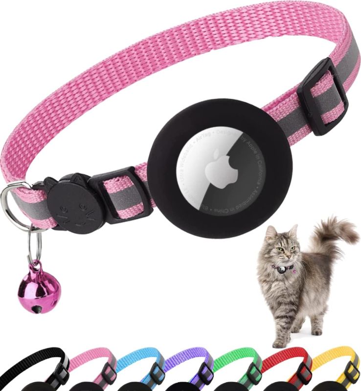 Photo 1 of Airtag Cat Collar Breakaway, Reflective Kitten Collar with Apple Air Tag Holder and Bell for Girl Boy Cats, 0.4 Inches in Width and Lightweight(Pink)
