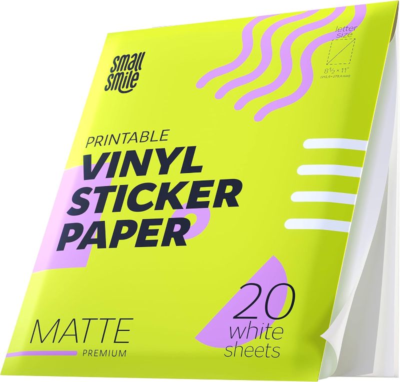 Photo 1 of Premium Printable Vinyl Sticker Paper for Inkjet Printer and Laser - 20 White Matte Sticker Paper Waterproof - Durability Adhesive Paper 8.5 x 11, Fast Dry, Holds Ink Well, Great for Cutting Machines
