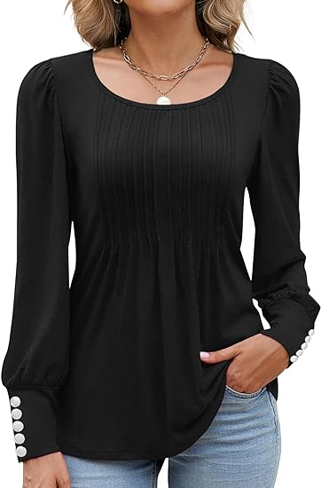 Photo 1 of (S) Womens Blouses Long Sleeve Tops Crew Neck Button Pleated Dressy Casual Trendy Tunic Shirts-
