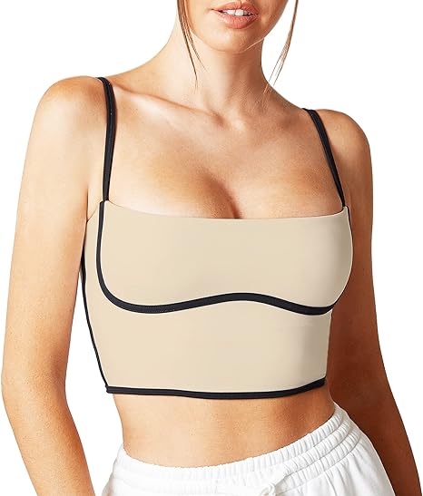 Photo 1 of (M) Move With You Sleeveless Spaghetti Strap Padded Sports Bra Tank Tops Square Neck Double Layer Workout Fitness Basic Crop Tops- size medium
