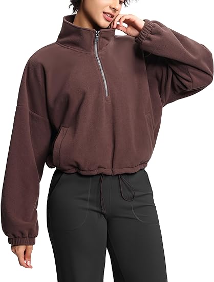 Photo 1 of (L) THE GYM PEOPLE Women’s Half Zip Crop Pullover Sweatshirt Fleece Stand Collar Workout Tops with Pockets Drawstring Hem