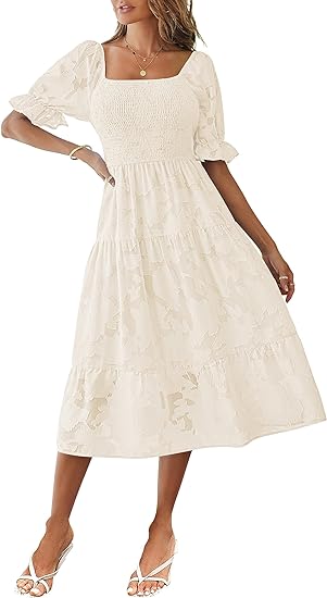 Photo 1 of (S) MEROKEETY Womens 2024 Summer Short Puff Sleeve Smocked Square Neck Floral Textured Tiered Midi Dress- size small
