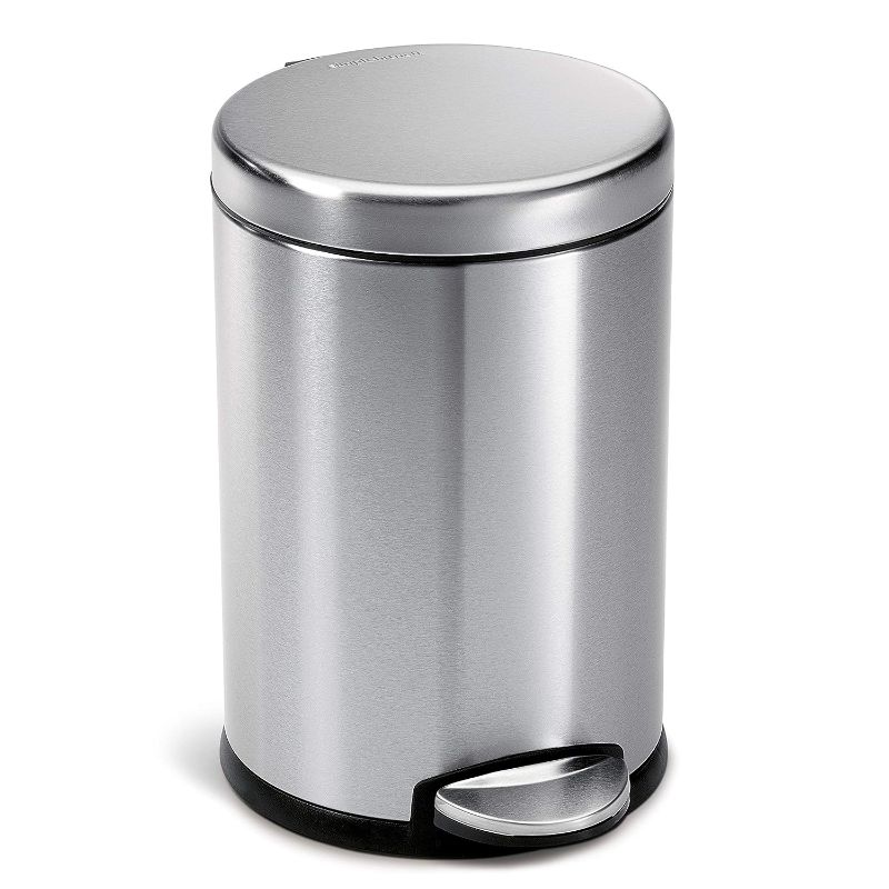 Photo 1 of Simplehuman 4.5 Liter / 1.2 Gallon Round Bathroom Step Trash Can, Brushed Stainless Steel
