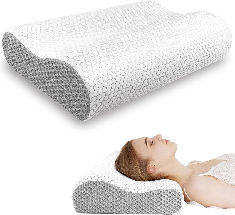 Photo 1 of Memory Foam Pillow, Ergonomic Neck Contour Cervical Pillow for Neck and Shoulder Pain, Orthopedic Pillow for Neck Pain Relief, for Sleeping Side, Back, Stomach Sleepers - Grey, Queen
