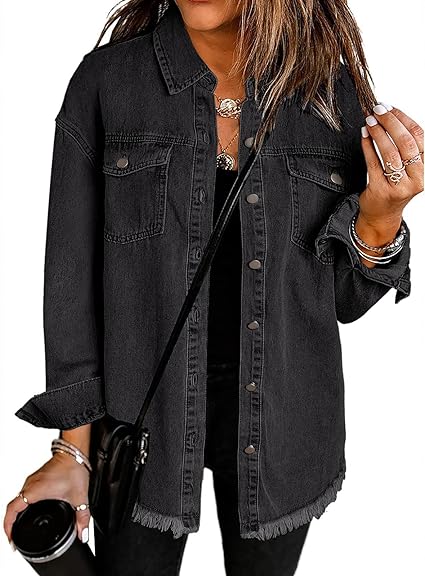 Photo 1 of (S) Vetinee Women’s Oversized Button Up Frayed Hem Shacket Long Sleeve Pockets Denim Jean Jacket