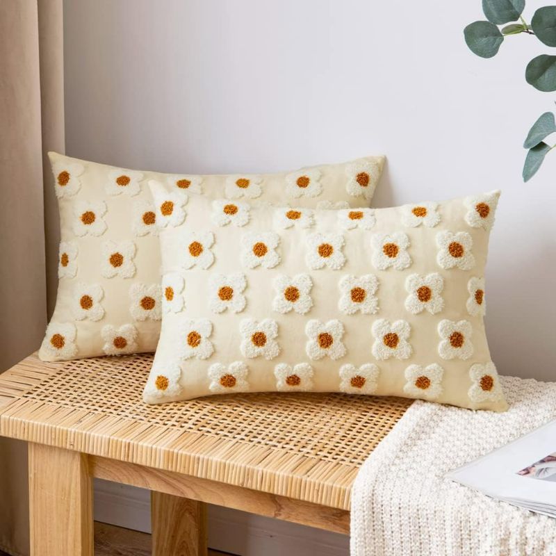 Photo 1 of EMEMA Decorative Throw Pillow Covers Sun Flower Jacquard Pillowcase Cushion Case Rectangle for Couch Sofa Bed Living Room Bedroom Set of 2, 12x20 Inch, Beige
