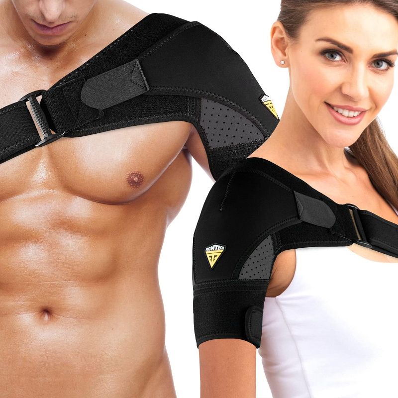 Photo 1 of Shoulder Brace for Women & Men | Support for Torn Rotator Cuff & Other Shoulder Injury - Ac Joint, Dislocated, Separated, Frozen Shoulder | Neoprene Compression Wrap | by FIGHTECH (BLK, S-M)
