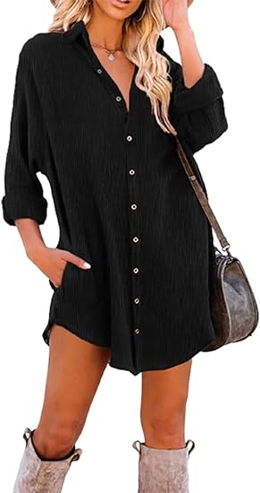 Photo 1 of (M) Dokotoo Women's Corduroy Long Sleeve Button Down Shirts Tunic Dresses with Pockets- medium
