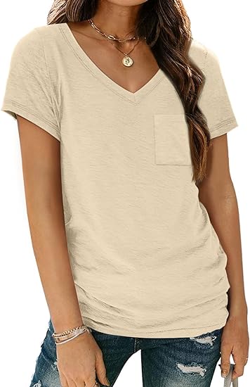 Photo 1 of (L) AUTOMET Womens T Shirts Short Sleeve V Neck Tops with Pockets Summer Fashion Trendy Soft Casual Comfy Outfits Clothes 2024- large
