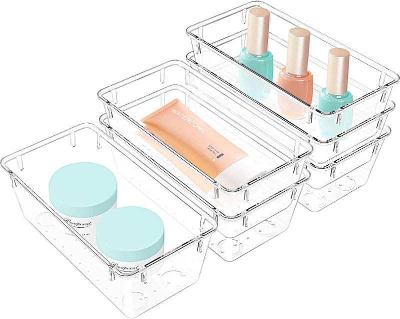 Photo 1 of WOWBOX 6 PCS Clear Plastic Drawer Organizer Set, Desk Drawer Divider Organizers and Storage Bins for Makeup, Jewelry, Gadgets for Kitchen, Bedroom, Bathroom, Office
