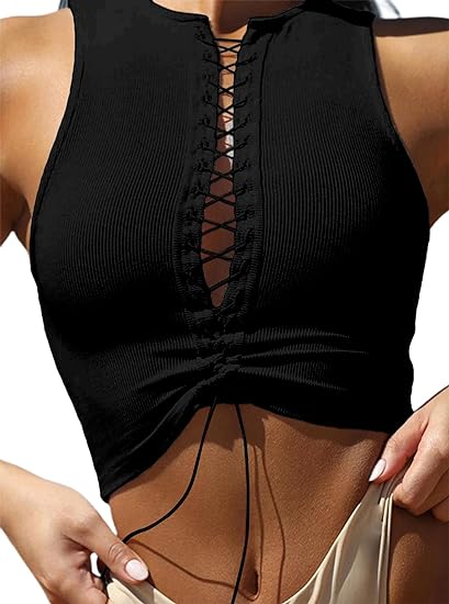 Photo 1 of (S) Remidoo Women's Sexy Lace Up Front Patchwork Contrast Stitch Crop Tank Top-small
