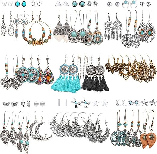 Photo 1 of 45 Pairs Fashion Hollow Drop Dangle Earrings Set for Women Girls Bohemian National Style Eardrop with Bronze Waterdrop Leaf Feather Shaped Vintage Jewelry for Gifts
