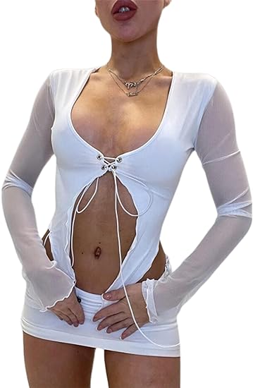 Photo 1 of Size XL Remidoo Women's Asymmetrical Hem Mesh Long Sleeve Crop Top Low Cut Tie Up Slim Fit T Shirt

