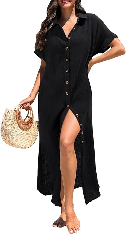 Photo 1 of (M) Swimsuit Cover Up Women Casual Short Sleeve Coverup Side Split Button Down Long Beach Dress- size medium
