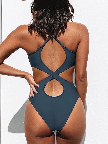 Photo 2 of (S) CUPSHE Women Crisscross Back Ruched One Piece Swimsuit Cut Out V Neck High Cut Thin Straps Bathing Suit- size small
