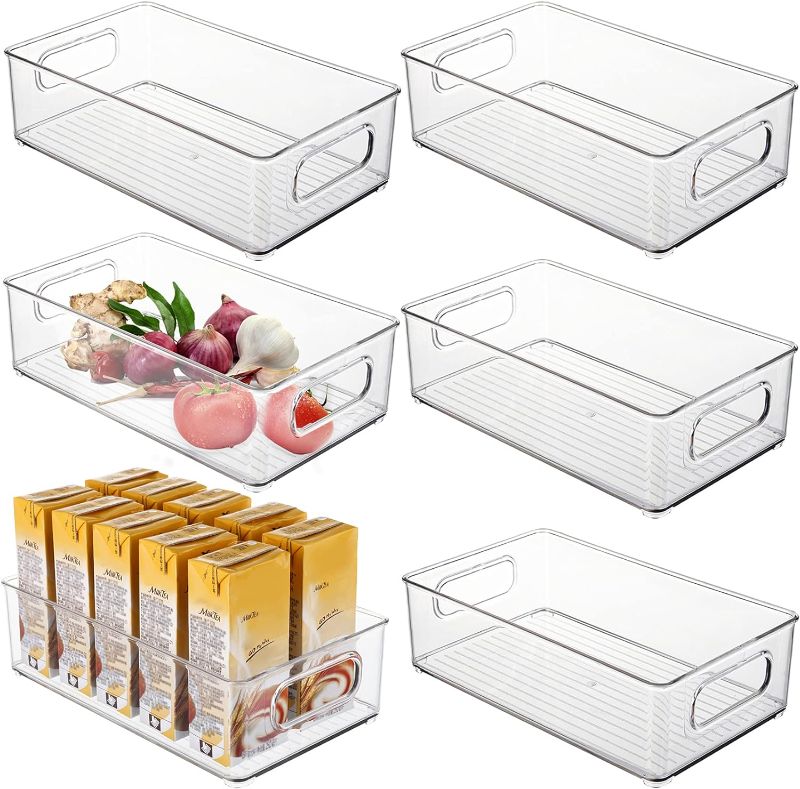 Photo 1 of Kingrol 6 Pack Plastic Storage Bins for Pantry, Refrigerator, Countertop, Cabinet Organization, Stackable Food Storage Organizer with Handles, BPA Free, 10 x 6 x 3 Inch
