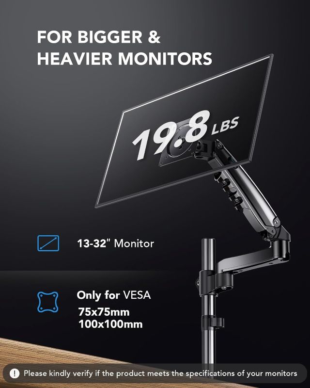 Photo 2 of HUANUO Single Monitor Mount, Adjustable Monitor Arm Desk Mount Fits 13-32 inch Screen, Holds 19.8lb, Gas Spring Monitor Stand with 24.41 inch Max Height, Full Motion Swivel Monitor Arm with Vesa Mount
