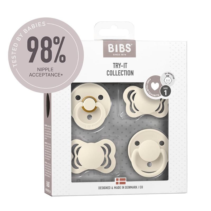 Photo 1 of BIBS Pacifiers – Try-it Collection | Includes Colour, De Lux, Couture and Supreme Pacifiers | BPA-Free Natural Rubber & Silicone | Made in Denmark | Ivory | 0 to 6 Months
