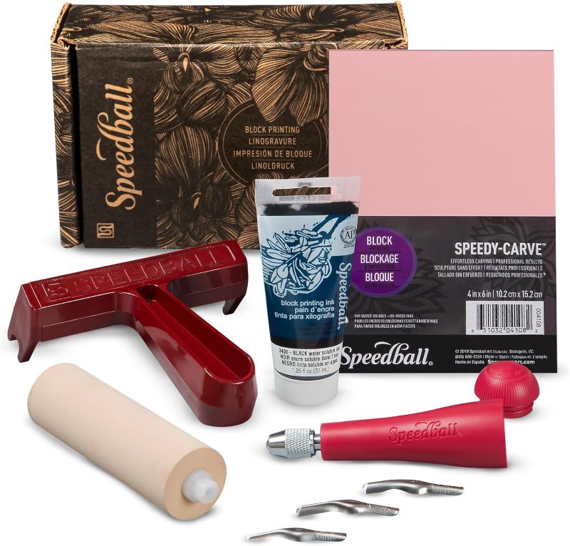 Photo 1 of Speedball Super Value Block Printing Starter Kit – Includes Ink, Brayer, Lino Handle and Cutters, Speedy-Carve
