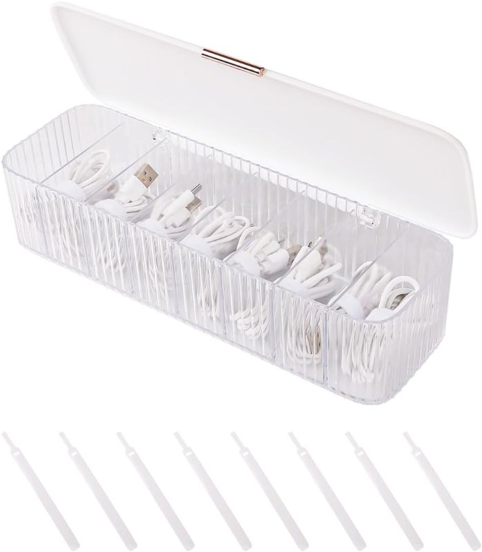 Photo 1 of Plastic Cable Management Box with Lid,Portable Clear Cord Organizer with 8 Compartments,Electronics Organizer Box,Desk Accessories Storage Organizer Case for Cable Stationery Supplies (White)- set of 2
