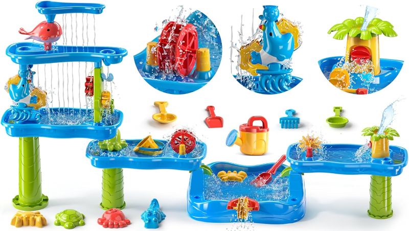 Photo 1 of 2024 Newest Auto Water-Absorbing Water Table for Toddlers 3-5, 3-Tier Kids Water Table with Umbrella Splash Pond, Outdoor Toys Sand and Water Table for Age 3+ Boys Girls, 20PCS Water Toy Accessories
