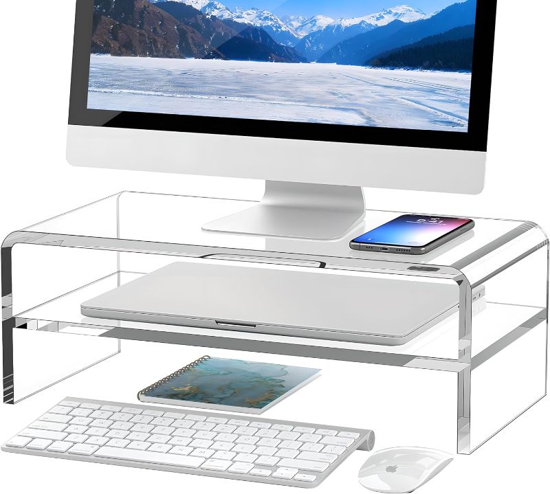 Photo 1 of Clear Acrylic Monitor Stand Riser 2 Tier, 5.12 Inches High Clear Computer Desk Organizer Shelf for Multi Media PC Storage Laptop
