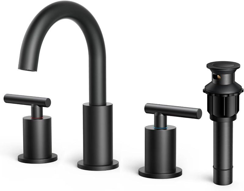 Photo 1 of FORIOUS Matte Black Bathroom Faucet 3 Hole, 8 Inch Widespread Bathroom Faucet Black with Metal Pop-up Drain Assembly, Two Handle Vanity Faucet with cUPC Supply Lines, 8" Black Bathroom Faucet