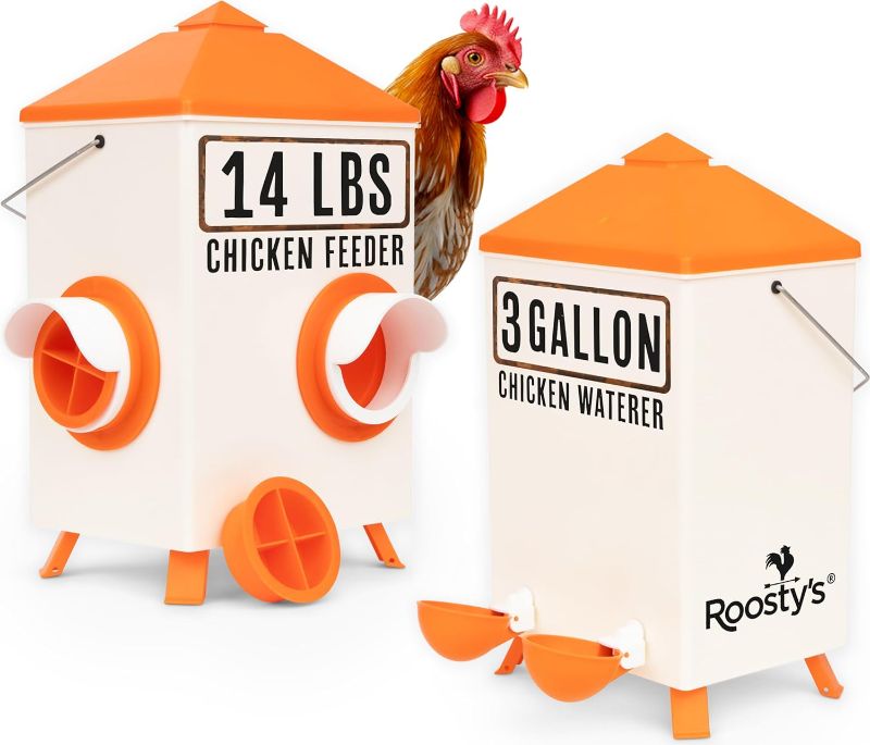 Photo 1 of Roosty's XL 14lb Chicken Feeder and Waterer Set, Large Chicken Waterer 3 Gallon, Automatic Chicken Feeder No Waste, Chicken Water Feeder, Chicken Water Dispenser, Poultry Feeder, Large Chicken Feeders
