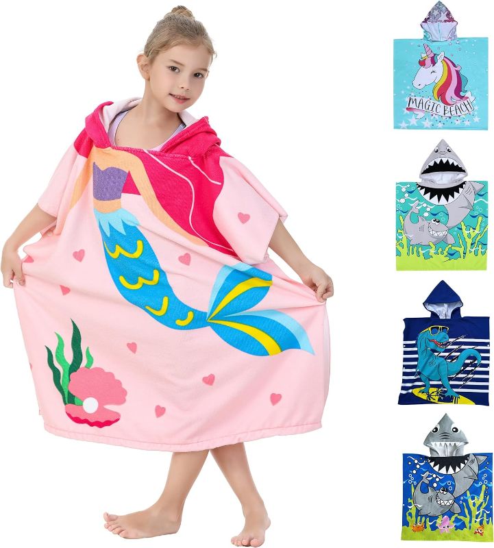 Photo 1 of Soft Microfiber Swim Cover-ups for 3 to 10 Years Old Kids Hooded Bath Beach Poncho Towels with Portable Bag (Big Pink Mermaid, Fits 3-10 Years)
