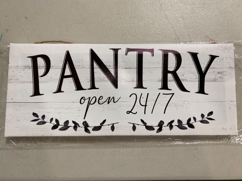 Photo 2 of Farmhouse Themed Pantry Signs: Rustic Pantry Room Decor Canvas Print Decoration with Quotes "Pantry Open 24/7" Vintage Decorative Wall Plaque for Home 6" x 15"
