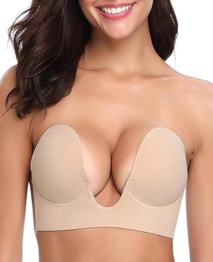 Photo 1 of B Cup - Women's Push Up Plunge Adhesive Bra Reusable Deep U-Shaped Sticky Bra Strapless Backless Breast Lifting Bra- B CUP
