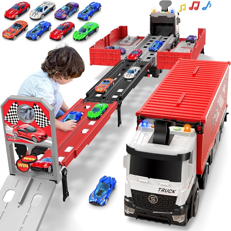 Photo 1 of Carrier Truck Race Track Kids Toys, Foldable 3 Layer Car Race Track Playset, Toy Truck Transport Car Carrier & 8 Race Cars, Truck Car Toddlers Toys Xmas Gifts for Age 3 4 5 6+ Years Old Boys Girls
