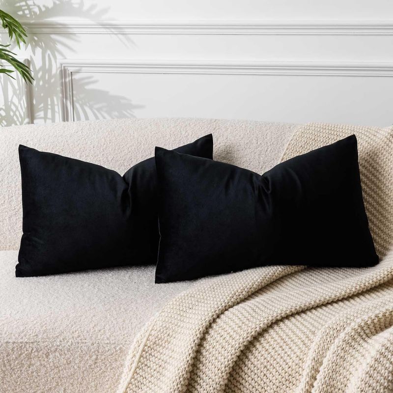 Photo 1 of JUSPURBET Black Lumbar Velvet Throw Pillow Covers 16x24 inch Set of 2 for Living Room Couch Sofa Bedroom Decorative Rectangle Solid Soft Cushion Cases with Invisible Zipper
